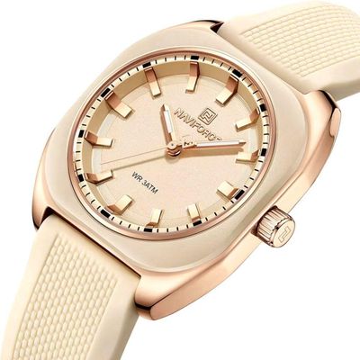 Relógio Feminino De Quartzo Casual Com Pulseira De Silicone Impermeavel 3atm Bege