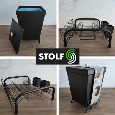 Conjunto Para Pia De Cozinha Lixeira Quadrada 6,5L E Escorredor De Louças Preto Fosco Stolf