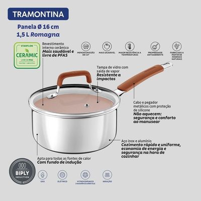 Panela Tramontina Romagna Aço Inox Alumínio Revestimento Interno Cerâmico Marfim 16 Cm 1,5 L Tramontina