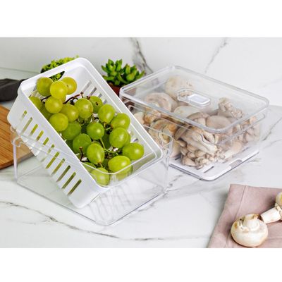 Kit 2 Organizadores De Geladeira Com Bandeja E Cesto De Drenagem 2,2L Organizadores Clear Fresh OU