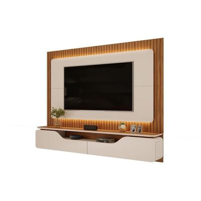Painel Home Para Tv Até 70 Polegadas Treviso Ripado 100% Mdf Com Led 210x180cm Off White-freijó - Dj Móveis