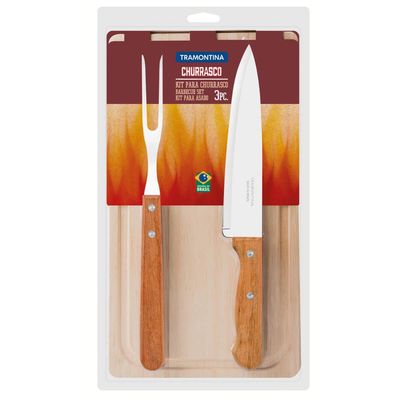Kit Churrasco Tramontina Faca Chef 8' Garfo Trinchante Tábua Madeira Natural Aço Inox 3pçs