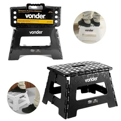 Banqueta Plástica Dobrável Multiuso Vonder 22cm Capacidade 150kg Com Alça Preto