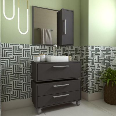 Gabinete 80cm Alice Grafite Balcão Espelheira e Cuba Branca Armário Suspenso 2 Gavetas Para Banheiro
