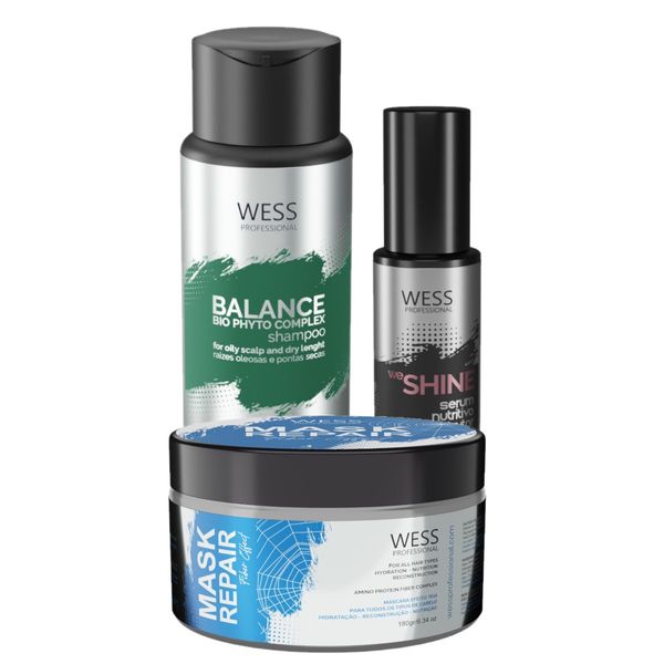 Kit Wess Balance Shampoo 250ml + Mask 180g + We Shine 45ml