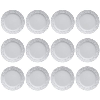 Jogo 12 Pratos Rasos Redondos 26,5cm em Porcelana com Relevo Tassel Germer Branco