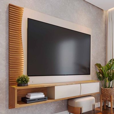 Painel Para Tv 65 Pol Bancada Suspensa Led Patmos C04 Off White Matte Freijó - Lyam Decor