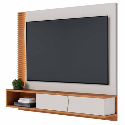 Painel Para Tv 65 Pol Bancada Suspensa Led Patmos C04 Off White Matte Freijó - Lyam Decor