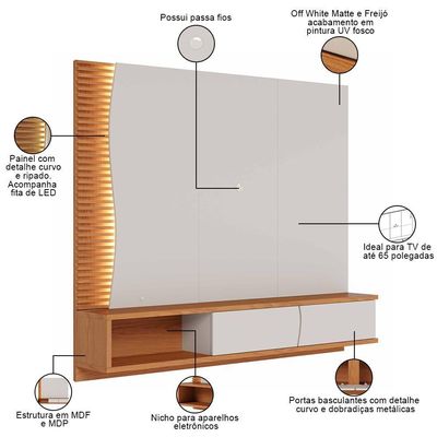 Painel Para Tv 65 Pol Bancada Suspensa Led Patmos C04 Off White Matte Freijó - Lyam Decor