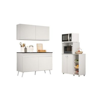 Armário De Cozinha Compacta Com Gabinete Pia E Balcão Para Forno E Micro-ondas Multimóveis Mp2254 Branco