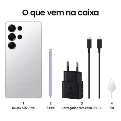 Smartphone Samsung Galaxy S25 Ultra 512GB 5G - Titânio Prata, Caneta S Pen, Câmera Quadrupla 200MP, RAM 12GB, Tela 6.9"