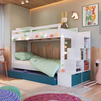 Treliche Infantil com Escada, Nicho e Gaveta Branco com Azul