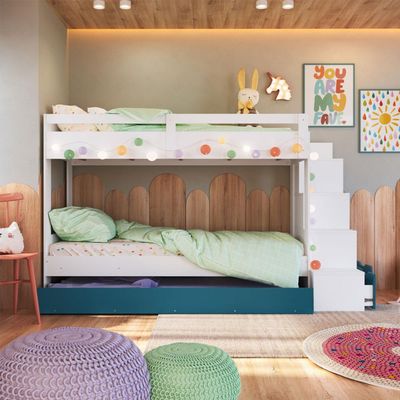 Treliche Infantil com Escada, Nicho e Gaveta Branco com Azul