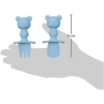 Kit Talher Treinamento Buba Silicone Azul com Escudo Ursinho +6m Garfo Colher
