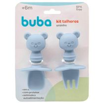 Kit Talher Treinamento Buba Silicone Azul com Escudo Ursinho +6m Garfo Colher