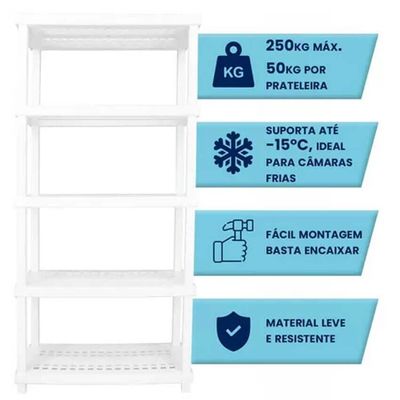 4 Estantes Modular 5 Prateleiras Câmara Fria Até 250kg Multiuso Ordene Branca Plástica