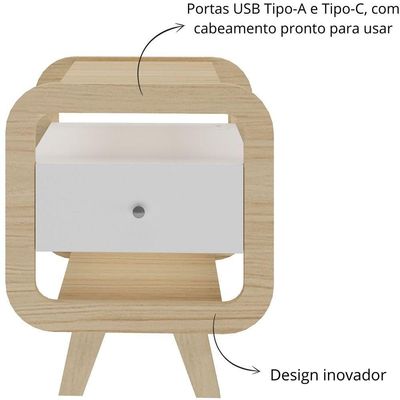 Mesa De Apoio Lateral Com Usb Artely Theo Naturale - Branco