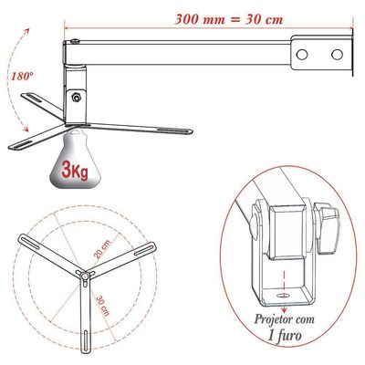 Suporte Projetor Datashow Mini Led Parede Braço 30 Cm - Branco
