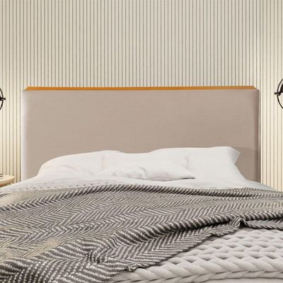Cabeceira Cama Box Casal 1,40m Estofada Detalhe Em Madeira Java Veludo Bege