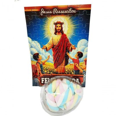 Presente De Páscoa Chocolates E Guloseimas + Quebra-cabeça Infantil Jesus Vive De 60 Peças