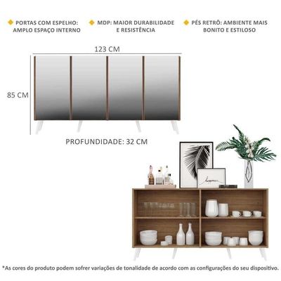 Aparador Buffet 4 Portas com Espelho E Pés Rustic/branco