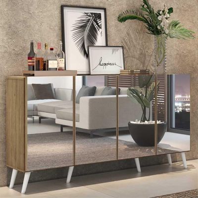 Aparador Buffet 4 Portas com Espelho E Pés Rustic/branco