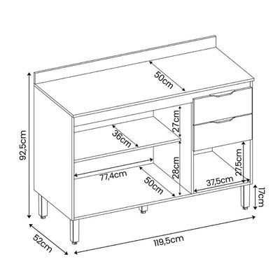 Balcão Cozinha Firenze Tampo 120cm, 3 Portas e 2 Gavetas Avena