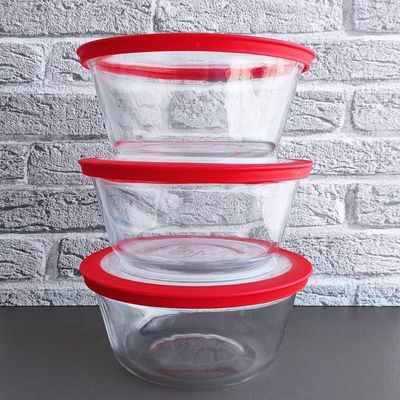 Kit 3 Potes Redondos Tigela De Vidro 1,2l Médio com Tampa Plástica Facilitá Marinex