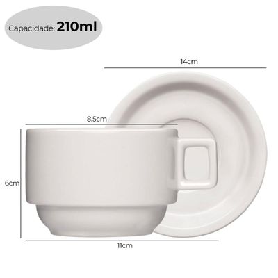 Jogo 6 Xícaras Porcelana Branca Café Chá com Pires 210ml Bar Hotel Germer