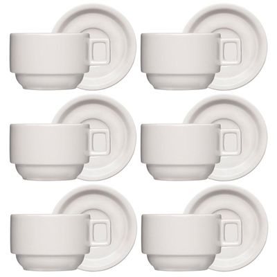 Jogo 6 Xícaras Porcelana Branca Café Chá com Pires 210ml Bar Hotel Germer
