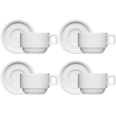 Jogo 4 Xícaras de Café Chá com Pires 100ml Bar Hotel Germer em Porcelana Branca