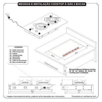 Fogão Cooktop 2 Bocas Mesa Em Vidro Preto Fogatti Inox 27000001-00 Bivolt