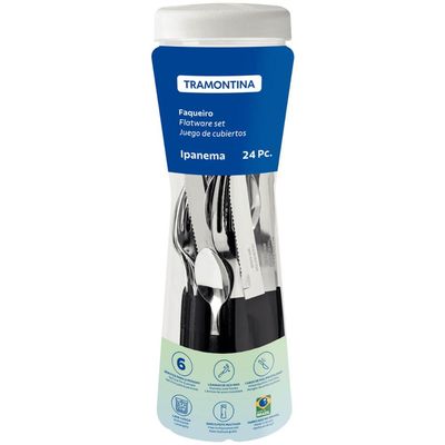 Faqueiro Tramontina Ipanema Jogo de Talheres Preto 24 peças Aço Inox Cabos Polipropileno