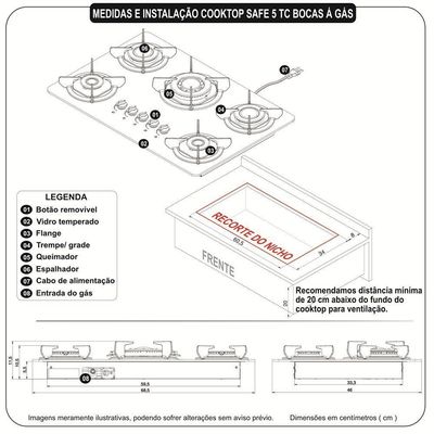 Fogão Cooktop Elétrico 5 Bocas Tripla Chama Bivolt Mesa Em Vidro Safe Ferro Fundido Fogatti Bivolt