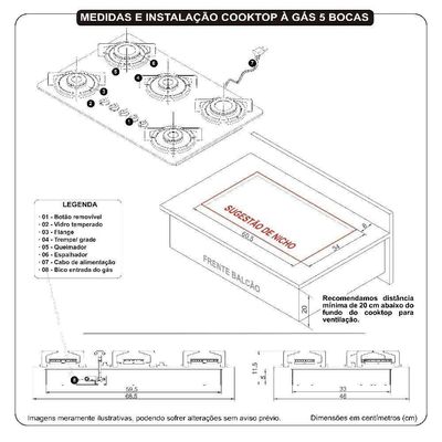 Fogão Cooktop 5 Bocas Tripla Chama Mesa Em Vidro Preto Fogatti Inox 27000501-00 Bivolt