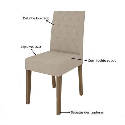 Mesa de Jantar Retangular Poliman Kate com 4 Cadeiras Estofadas Revestidas em Suede Cinamomo/Off White