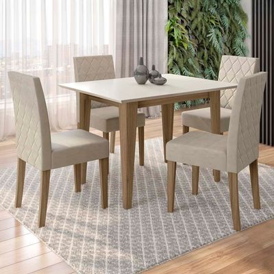 Mesa de Jantar Retangular Poliman Kate com 4 Cadeiras Estofadas Revestidas em Suede Cinamomo/Off White