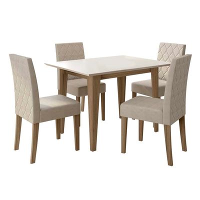 Mesa de Jantar Retangular Poliman Kate com 4 Cadeiras Estofadas Revestidas em Suede Cinamomo/Off White