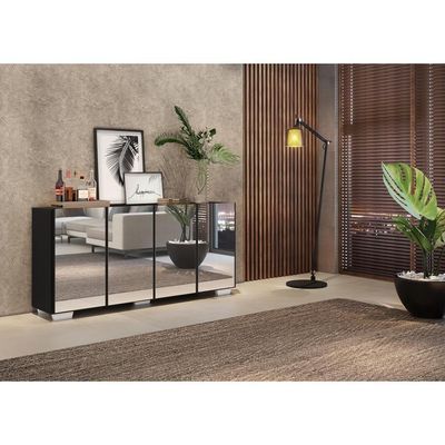 Aparador Buffet 4 Portas Com Espelho e Pés Preto/branco