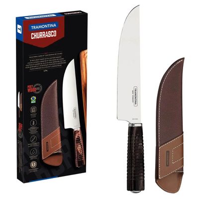 Faca para Carne Tramontina 8' Aço Inox e Cabo de Madeira Polywood com Bainha de Couro