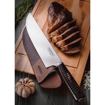 Faca para Carne Tramontina 8' Aço Inox e Cabo de Madeira Polywood com Bainha de Couro