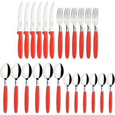 Faqueiro Tramontima Ipanema Vermelho Jogo de Talheres 24 peças Pote Plástico Aço Inox