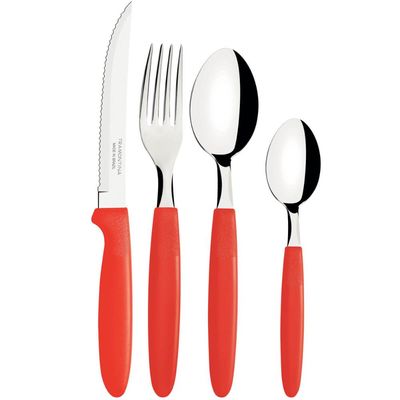 Faqueiro Tramontima Ipanema Vermelho Jogo de Talheres 24 peças Pote Plástico Aço Inox