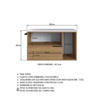 Gabinete Suspenso 80cm Mel Branco Toalheiro Portas e Gaveta BH8020MB
