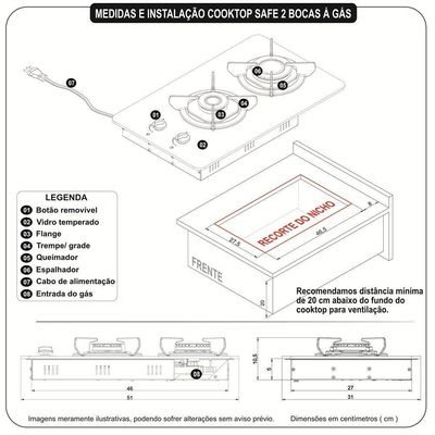 Fogão Cooktop 2 Bocas Mesa Em Vidro Safe Ferro Fundido Fogatti Bivolt