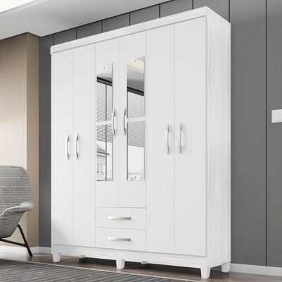 Guarda Roupa Casal Espelho 6 Portas 2 Gavetas Moden 150 Cm Branco Flex Incp