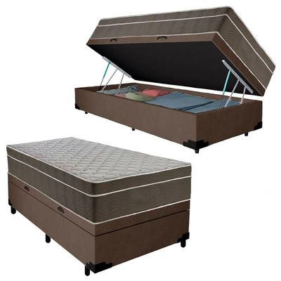 Cama Box Baú Suede Solteiro + Colchão Serene Molas Ensacadas 88x188x69 Marrom