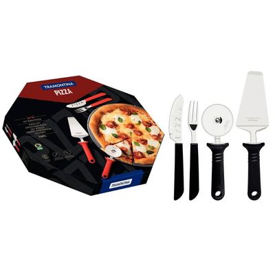 Kit Pizza Tramontina Aço Inox e Polipropileno Preto com Espátula e Cortador 14 Peças