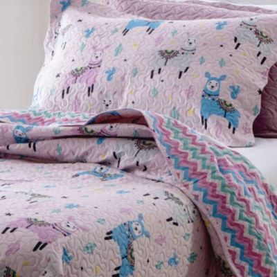 Kit Cobre Leito Colcha Solteiro Infantil Studio Dupla Face Estampado 2 Peças - Lhama - Rosa - 100% Poliéster