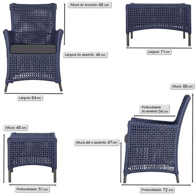 Jogo Sofá 2 Poltronas E Mesa Igapó Marrom E11 Trama Original Azul